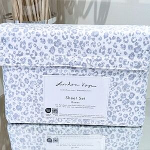 New London Kaye Grey Leopard Animal Print QUEEN Sheet Set